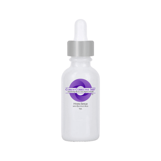 Corium Corrective 360° Hydra Serum with Glycolic Acid hydrating and exfoliating treatment serum in dropper bottle.